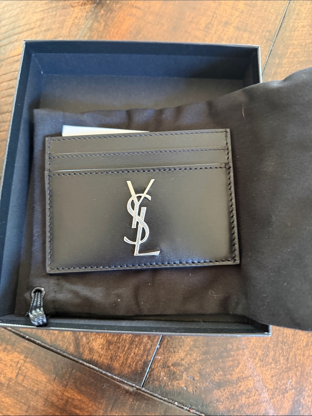 Saint Laurent Black Leather Card & Key Holder with Silver YSL Emblem